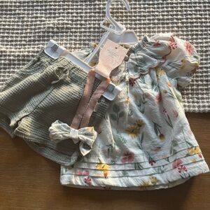 Catherine Malandrino Floral Baby Set with Bow and Green Shorts NWT